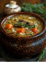 Homemade mushroom soup with fresh vegetables and thyme in rustic ceramic bowl. Rich broth garnished with carrots and herbs creates cozy comfort food atmosphere.