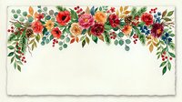 Vibrant floral garland with red, pink, and orange roses, berries, and green foliage arranged across top of cream background, suitable for invitations and greeting cards.