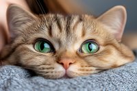 Close-up portrait of ginger cat with bright green eyes peeking over edge of gray blanket, showing curious and playful expression against blurred background.