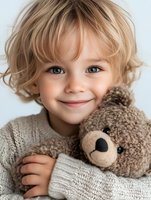Smiling young child with bright blue eyes and blonde curly hair wearing knit sweater hugging soft brown teddy bear against white background. Portrait captures pure joy.