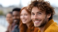 Diverse group of young friends smiling and laughing together outdoors, focus on curly-haired man in yellow sweater. Natural genuine expressions of joy and connection.