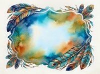 Watercolor frame with feathers and abstract colorful wash on white background, isolated design element suitable for invitations, posters, and creative projects.