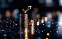 Stacked coins with glowing upward arrow showing financial growth and success on dark background with bokeh lights and reflective surface.