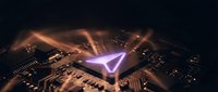 Glowing purple checkmark symbol emerging from futuristic circuit board with golden light rays and electronic components in dark tech environment.