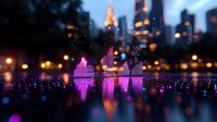 Vibrant purple audio waveform visualization reflecting on wet surface against blurred urban nighttime cityscape with glowing lights and skyscrapers in background.