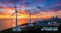 Offshore wind turbines generating renewable energy with smart grid technology icons at sunset over ocean near modern city skyline for sustainable power.
