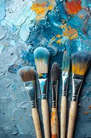 Paint brushes with wooden handles against textured blue and orange oil paint background, showing artistic tools and creative process in vibrant colors.