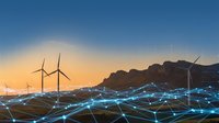 Wind turbines on mountain landscape with digital network overlay at sunset for renewable energy and smart grid technology concepts.