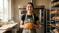 Young woman, Caucasian ethnicity, baker wearing apron holding fresh baked bread loaf in artisan bakery kitchen with shelves of baked goods and professional oven.