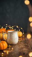 Speckled ceramic mug filled with warm beverage surrounded by miniature pumpkins and glowing string lights on wooden surface against dark backdrop. Autumn seasonal styling.