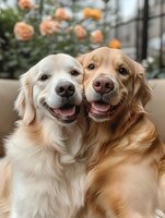 Two happy golden retriever dogs sitting together outdoors with blooming roses in background, perfect for pet care, veterinary, and animal companionship marketing materials.