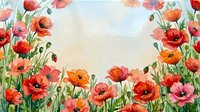 Watercolor poppy flowers frame with red and pink blooms creating decorative border on textured paper background for spring garden design projects.