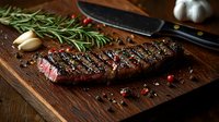 Juicy grilled beef steak with rosemary sprigs and pink peppercorns on wooden cutting board. Medium rare meat with charred grill marks and seasoning.