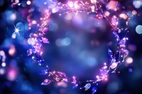 Glowing wreath of pink and purple crystal leaves with magical sparkles on dark blue bokeh background creates ethereal fantasy atmosphere.