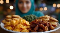 Traditional Middle Eastern feast plate with saffron rice, dates, and grilled meats served at festive dinner gathering with warm ambient lighting and bokeh background.
