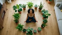 Woman with curly hair in black tank top meditating surrounded by potted green plants on wooden floor, overhead view for wellness and mindfulness content.