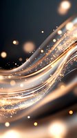 Flowing golden light waves with sparkling particles and bokeh effects on dark background create magical abstract design for luxury backgrounds.