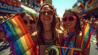 Three young diverse women celebrating at Pride parade with rainbow flags, wearing sunglasses and smiling during LGBTQ+ festival, perfect for equality, diversity and inclusion campaigns.