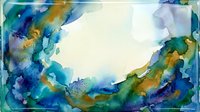 Watercolor abstract background with flowing blue, gold, and green pigments creating organic shapes and soft transitions on white isolated surface for design projects.