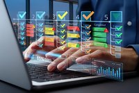Business professional managing digital task checklist with holographic interface displaying project progress bars and completion status on laptop computer.