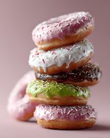 Stack of colorful glazed donuts with sprinkles on pink background, featuring strawberry, vanilla, chocolate and matcha green tea flavored toppings. Food photography.