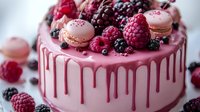 Pink drip cake topped with fresh berries, macarons and chocolate decorations for bakery dessert menu and celebration events.