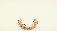Autumn leaves arranged in curved garland shape with flying birds silhouettes on cream background, isolated design element for fall seasonal projects, greeting cards, and decorative layouts.