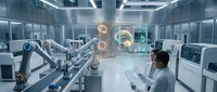 Male scientist in white lab coat working with robotic arms and holographic displays in modern automated laboratory with advanced technology and digital interfaces.