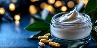 Luxury skincare cream jar with natural supplements and green leaves on elegant dark surface with golden bokeh lights for spa wellness beauty routine.