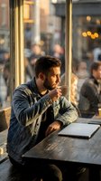 Young bearded man in denim jacket drinking coffee at cafe table by window with warm golden hour lighting and urban street view background.