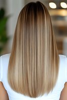 Straight blonde balayage hair from back view showing smooth gradient color transition from dark to light roots. Professional salon result demonstrates modern coloring technique.