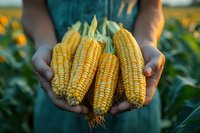Farmer holding freshly harvested golden corn cobs in hands against backdrop of corn field during sunset light, showcasing agricultural abundance.