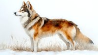 Majestic wolf dog with red and white fur standing alert in winter landscape against white background, artistic watercolor style rendering for nature and wildlife designs.