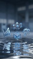 Digital transformation concept with holographic business icons floating above water ripples in modern office environment for technology presentations.
