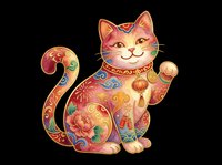 Decorative lucky cat with ornate floral patterns and raised paw, isolated on transparent background. Ready for t-shirts, stickers, clipart, sublimation and print-on-demand designs.