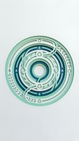 Layered paper cut circular mandala with green and blue gradient featuring botanical leaves and recycling symbols for eco-friendly design projects.