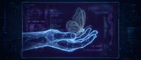 Digital holographic hand holding glowing butterfly in futuristic interface with data screens and technological elements for sci-fi design projects.