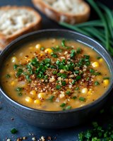 Hearty corn chowder soup with fresh herbs and crispy bacon bits served in rustic bowl, comfort food for cold weather dining and restaurant menu photography.