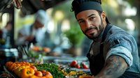Hispanic male chef with tattoos smiling while preparing fresh vegetables in professional restaurant kitchen. Soft natural lighting highlights colorful produce and culinary workspace.