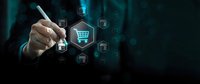 Businessman hand pointing at digital shopping cart icon with e-commerce symbols on dark technology background for online retail and digital marketing.
