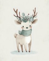 Cute watercolor reindeer with eucalyptus crown and green scarf on neutral background for nursery decor, holiday cards, and children's design projects.