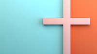 Pink cross on split turquoise and coral colored background creates modern minimalist religious composition with strong geometric elements and soft pastel tones.