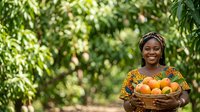 Young African woman farmer holding basket of fresh oranges in lush green orchard. Agricultural harvest, organic fruit production, and sustainable farming concept for agricultural business and food industry.