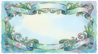 Watercolor ornate frame with ribbon banners, floral scrolls, and pastel blue tones, perfect for greeting cards, invitations, and decorative designs.