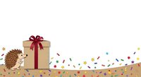 Cute hedgehog presenting wrapped kraft gift box with burgundy ribbon bow surrounded by colorful confetti on sandy surface, isolated on white background for greeting cards and celebrations.