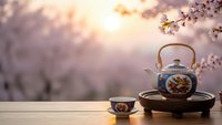 Traditional Japanese tea ceremony setup with ornate teapot and cup on wooden table during cherry blossom season with soft pink petals and warm sunlight.