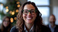 Young Hispanic businesswoman with glasses and curly hair smiling warmly at camera, wearing professional attire against blurred office background with bokeh lights.