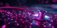 Digital stethoscope on futuristic medical network background with glowing pink nodes and connections, representing healthcare technology advancement.