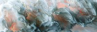 Abstract fluid art in soft blue and coral tones creates ethereal smoke-like swirls and waves, evoking movement and tranquility, suitable for modern interior design.