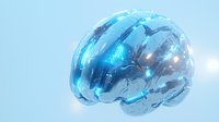 Glowing translucent brain model with blue light effects and neural connections on light background, representing artificial intelligence and cognitive science.